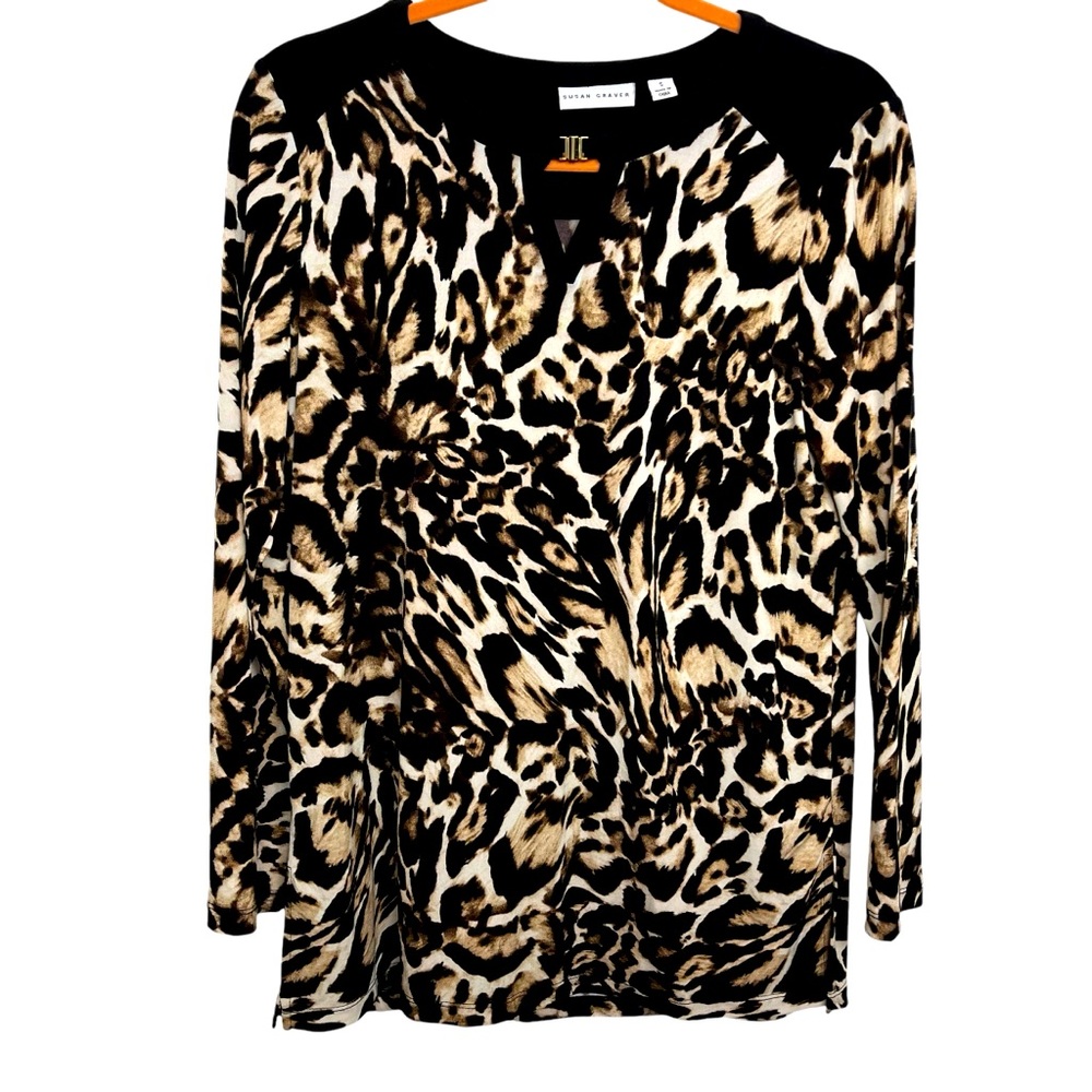 Susan Graver Liquid Knit Animal Print Tunic Top Small Brown Cream 3/4 Sleeve